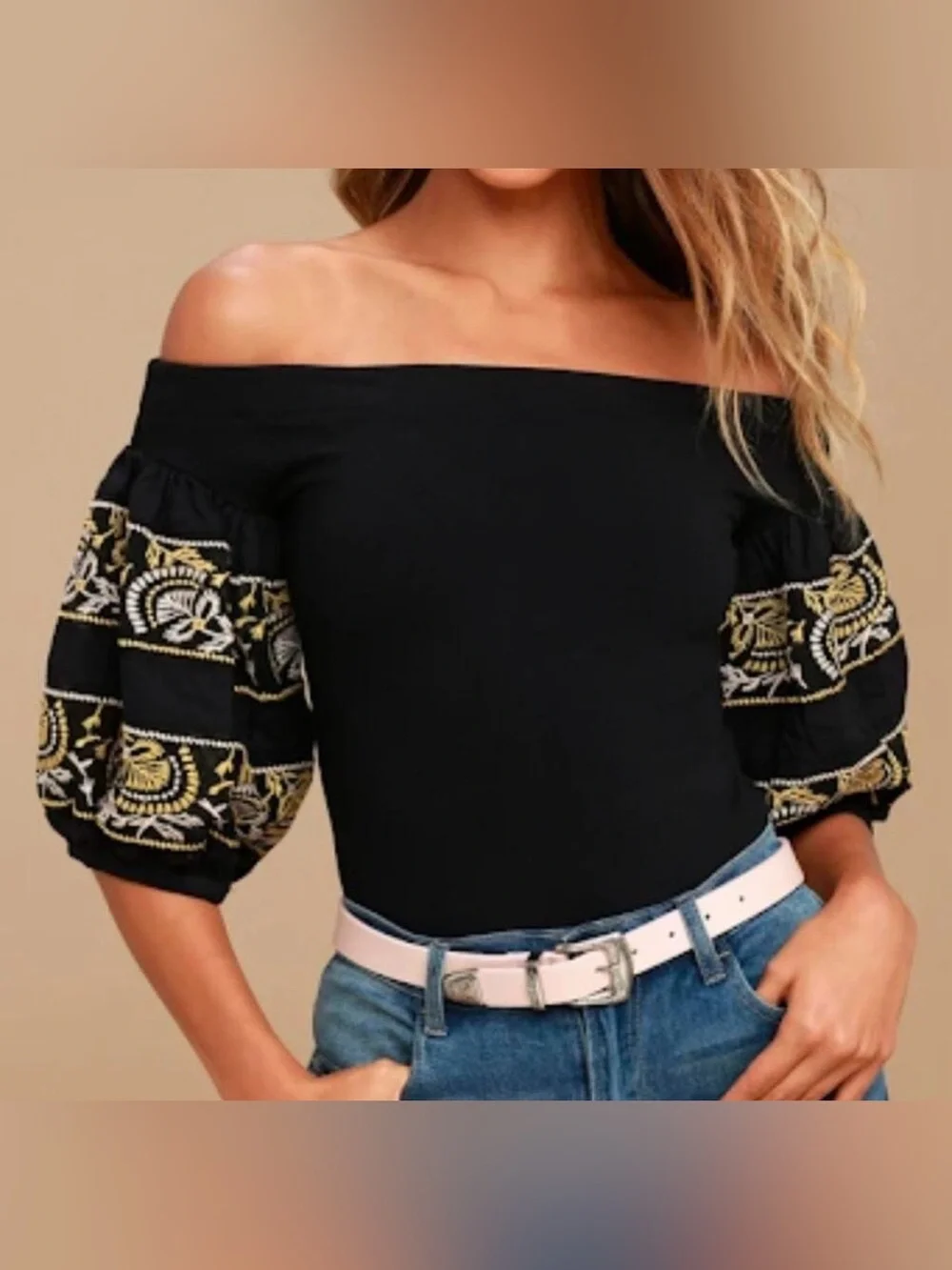 Free People Embroidered Off Shoulder Puff Sleeve Top Black Gold Boho Festival S